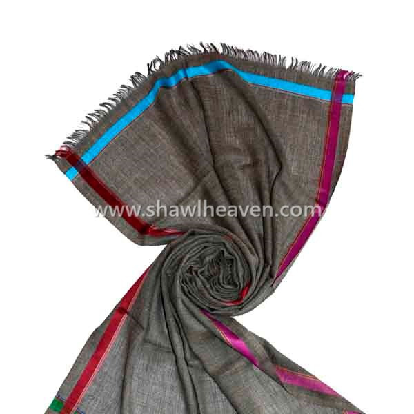 Red, pink, green and blue silk striped scarf wrap in pure 100% wool